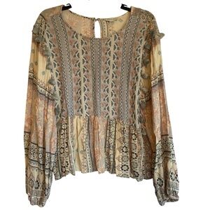 American Eagle Boho Top Women XL Embroidered Tassel Retro Peasant Balloon Sleeve